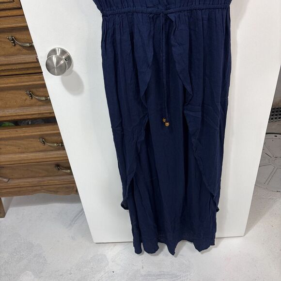 Boho Navy Blue Floral Print Maxi Crossover Neck Dress Rayon Smocked Waist Medium - Picture 2 of 10